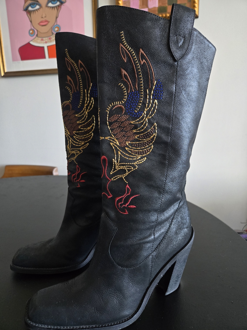 Gianni Bini Black Leather Embroidered Western Boots Size 8M